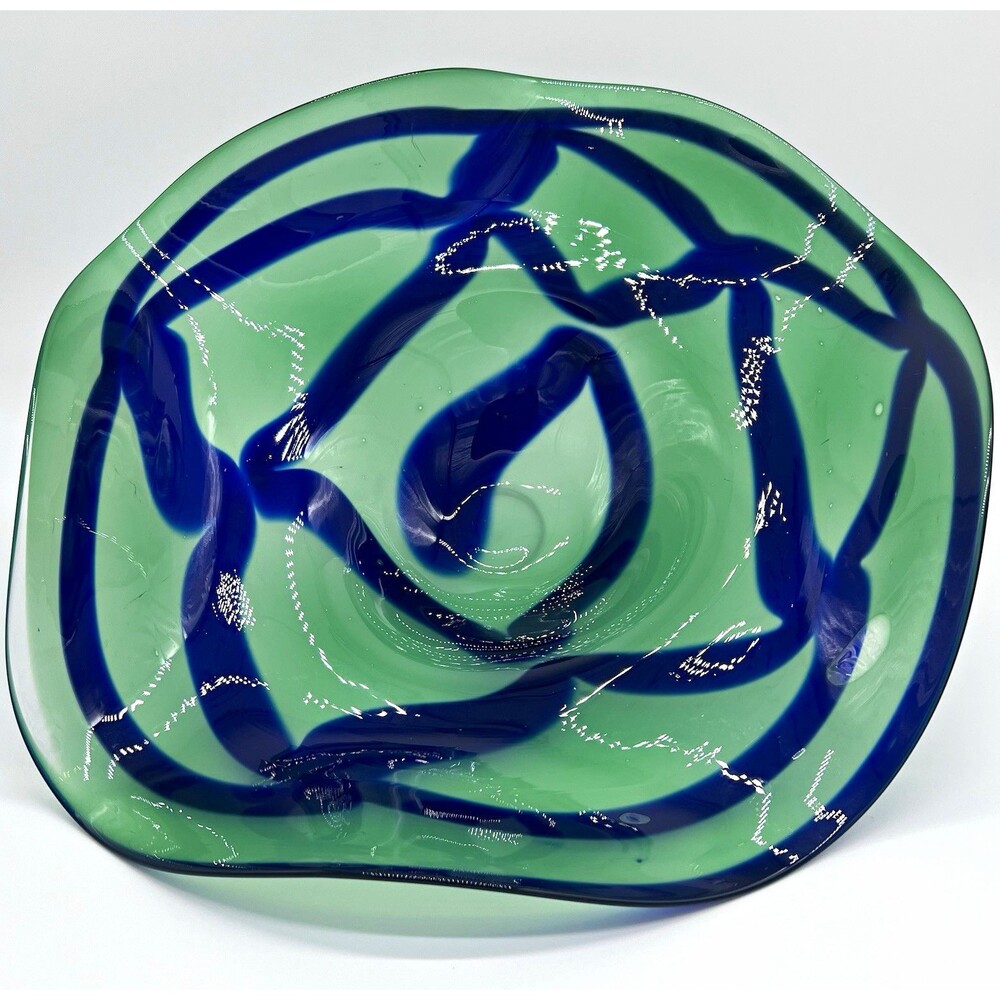 Vintage Studio Glass Art, Signed, Jim Antonius, Hand Blown Glass, Green/Blue MCM